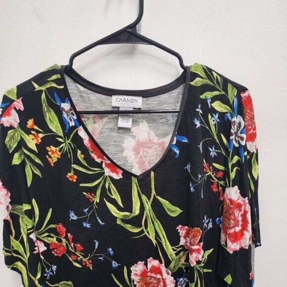 Carmen Marc Valvo Womens Top Large Black Red Floral Dolman V-Neck Casual - Picture 3 of 8